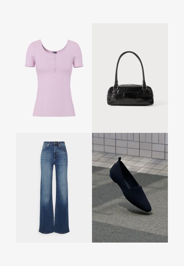 Lys lilla ribbet kortærmet top med rund hals og fire små knapper ned foran i midten.; Bredde ben jeans i mellemblå denim. Højtaljede med en glat overflade, falmede foran og subtile syninger. Lukket i taljen med en knap.; Sorte flade sko med spids tå, glat tekstur og minimalistisk design. Har en lille hæl og en løkke ved ryggen.; Sort læderhåndtaske med rektangulær form, der har et enkelt struktureret håndtag, sølvhardware og lynlås-lukning. Glat tekstur.