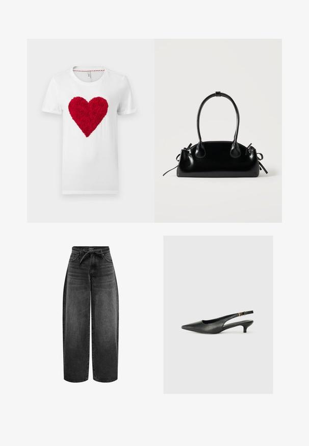 Hvid bomuld t-shirt med et tekstureret rødt hjerte i midten, med rund hals og korte ærmer.; ONLY Straight fit ONLGIANNA Mid waist Balloon - Jeans Straight Leg - washed black; Sorte spidse slingback-sko lavet af glat læder. Har en tynd hæl og en spænde detalje på den justerbare rem.; Lille sort blank håndtaske med to lange håndtag og snøre-detaljer i siden på en ensfarvet lys baggrund.