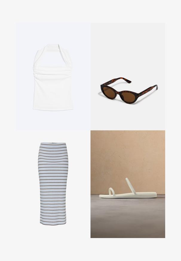 Hvid halterneck-top med lige halsudskæring og rynkede detaljer langs brystet, vist mod en ensfarvet lys baggrund.; Stribet blyantskirt i lysblå, med lodrette striber i sort og brun. Fremstillet af ribbet stof med en tætsiddende silhuet.; Beige minimalistisk sandal med to tynde remme, placeret over et tekstureret tæppe, med et rundt træbord og stablede bøger i baggrunden.; Brune skildpadde solbriller med en vintage katteøje-form og brune linser. Har buede arme med røde detaljer.