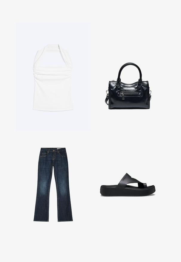 Weißes Neckholder-Top mit geradem Ausschnitt und Raffung an der Brust, vor einem schlichten, hellen Hintergrund gezeigt.; Dunkelblaue Jeans aus Denim mit geradem Bein, fünf Taschen und Kontrastnähten auf weißem Hintergrund.; Schwarze Plattform-Flip-Flops mit einer strukturierten Gummisohle, die ein Kreuzriemen-Design und eine matte Oberfläche aufweisen. Das Markenlogo ist dezent an der Seite angebracht.; Schwarze glänzende Lederhandtasche mit zwei Griffen, vorderer Reißverschlusstasche und abnehmbarem Schulterriemen auf weißem Hintergrund.