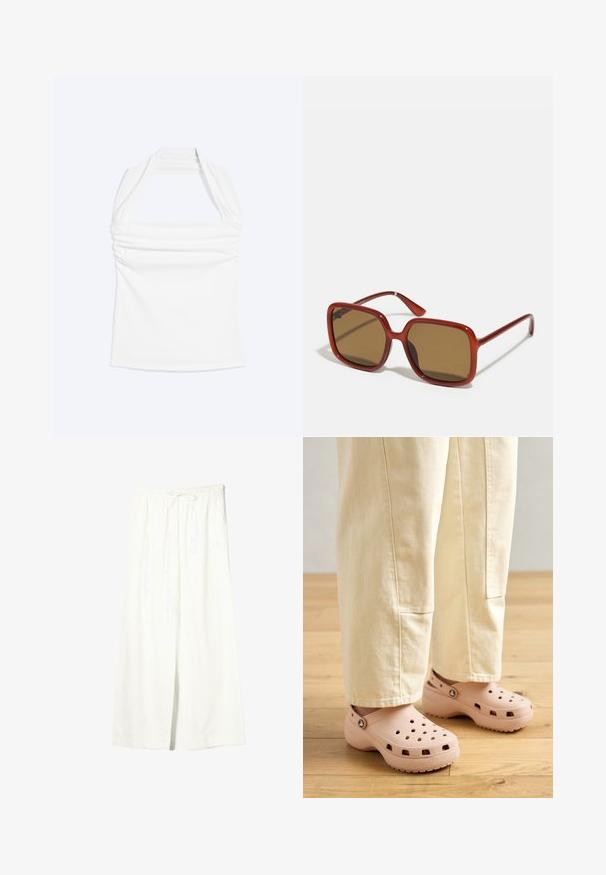 Witte haltertop met een rechte halslijn en geplooide details bij de borst, getoond tegen een effen lichte achtergrond.; Witte linnen broek met brede pijpen, elastische tailleband en trekkoord, voorzien van zijzakken en een voorste split.; Lichtroze klompen van rubber, met ventilatiegaten, een gevormde pasvorm en een geprofileerde zool voor grip. Draagt in combinatie met lichtbeige broek.; Rode vierkante zonnebril met bruin getinte lenzen. Dikke, glanzende monturen en slanke armen met kleine details aan de zijkant voor visuele interesse.