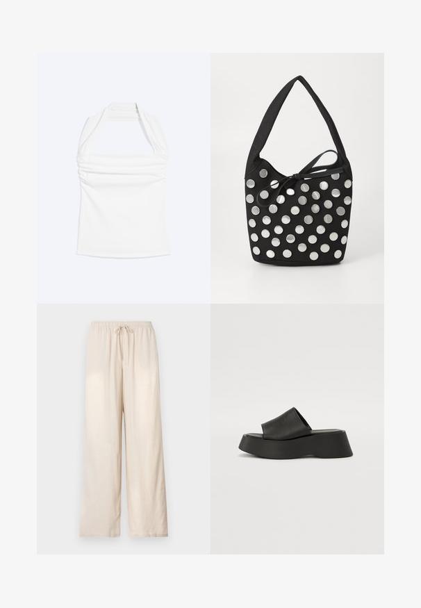 Top blanco de cuello halter con escote recto y fruncidos en el pecho, mostrado sobre un fondo liso y claro.; Pantalones beige de corte holgado con cintura elástica y cordón frontal, de pierna recta, exhibidos sobre un fondo claro y sencillo.; Sandalias de plataforma negras con una correa ancha y suela gruesa. Fabricadas con material suave con un acabado mate y sin herrajes visibles.; Bolso de tela negro con forma redondeada, adornado con tachuelas metálicas circulares plateadas dispuestas en un patrón, y un detalle de tela atado.