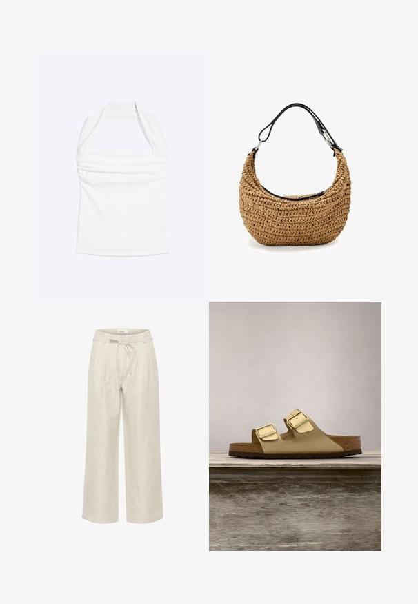 Hvid halterneck-top med lige halsudskæring og rynkede detaljer langs brystet, vist mod en ensfarvet lys baggrund.; Beige linned brede bukser med elastisk talje og frontfolder, i en glat tekstur og ankellængde.; Guldmetallic to-straps sandal med justerbare spænder, kork-såler og en struktureret gummiyderside. Har åben tå og åben hæl design.; Vævet stråtaske i beige med en buet silhuet, med en sort læderrem og sølvfarvede hardware-detaljer. Tekstureret finish.