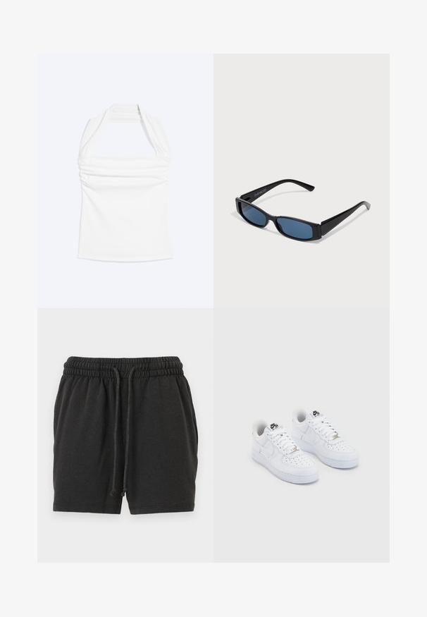 Haut blanc à col licou avec encolure droite et détails froncés sur la poitrine, présenté sur un fond uni clair.; Shorts à taille élastique noire avec cordon de serrage et poches latérales, fabriqués dans un tissu doux et confortable.; Baskets Nike Air Force 1 blanches avec une tige en cuir lisse, un embout perforé, des lacets blancs et un logo noir sur la languette.; Lunettes de soleil noires avec une monture rectangulaire élégante et des verres bleus. Présente une texture lisse et des branches robustes. Logo de la marque sur le côté.