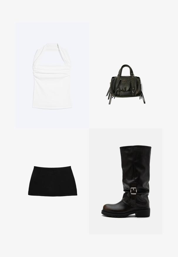 Haut blanc à col licou avec encolure droite et détails froncés sur la poitrine, présenté sur un fond uni clair.; Mini-jupe noire en coton avec une taille ajustée. Texture lisse, design simple et ourlet droit. Pas de motifs ou de pièces métalliques visibles.; Botte haute en cuir noir avec bout arrondi, talon bas, bride à boucle latérale et tige légèrement relâchée sur fond blanc.; Sac à main en cuir noir avec des poignées tressées, une poche zippée et des glands suspendus. Surface texturée avec des clous en métal et des accents en métal.