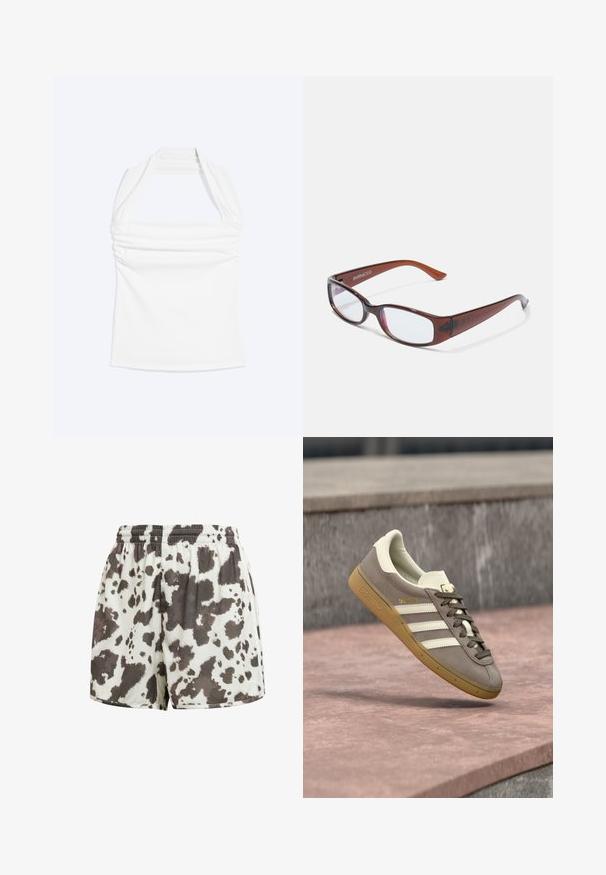 Hvid halterneck-top med lige halsudskæring og rynkede detaljer langs brystet, vist mod en ensfarvet lys baggrund.; Hvide shorts med elastisk talje og løs pasform med uregelmæssigt mørkebrunt ko-mønster.; Lysebrun ruskinds Adidas-sneaker med hvide striber og gummisål, svævende over lyserøde stentrapper udendørs.; Brune-farvede rektangulære briller med en glat overflade, der har slanke arme og gennemsigtige linser. Logoet er synligt på venstre temple.