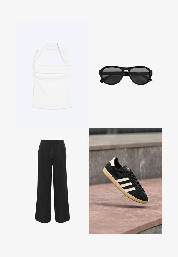 Biely top so zaväzovaním za krk s rovným výstrihom a riasením na hrudi, zobrazený na jednofarebnom svetlom pozadí.; Culture CUNAVI CLARINA - Nohavice - black; Čierna teniska Adidas s bielymi pruhmi a béžovou podrážkou, zachytená vo vzduchu nad kamenným povrchom a kamennou stenou v pozadí.; Čierne slnečné okuliare s plastovým rámom, tmavými tónovanými šošovkami a úzkym mostíkom, zobrazené spredu na bielom pozadí.