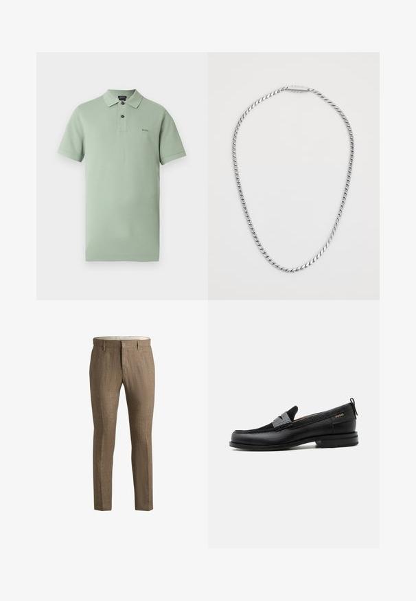 Lichtgroen polohemd van katoen, met een kraag, korte mouwen en een drieknoopssluiting. BOSS-logo geborduurd op de borst.; Bruine linnen broek met een gestructureerde afwerking. Kenmerkt zich door een klassieke snit, zijzakken en een discrete sluiting aan de voorkant.; Zwarte leren loafer met grijs riemdetailelement, lage hak en gestructureerde zool, aan de zijkant gebrandmerkt met "HUGO" in goud.; Zilveren gedraaide ketting met een gladde textuur, voorzien van een eenvoudig sluitingsontwerp. De ketting heeft een uniforme dikte over de hele lengte.