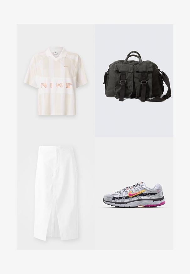 Valge ja beežide triipudega lühikeste varrukatega Nike polo-särk kraega, väikese silmuslogo rinnal ja suure väljatoodud "NIKE" tekstiga ees.; Valge puuvillane midi seelik sirge lõikega, külgseHVähi ja peidetud tõmblukuga. Sile tekstuur, minimaalne disain ja nähtavat kaunistust ei ole.; Hall grey võrksuss, millel on silmapaistev roosa ja kollane logo, mustad detailid ja tekstuuriga kummitald. Omab tugevdatud varbakaitset ja pehmendatud krae.; Tume roheline lõuendist kullerikott kahe esi taskuga, must reguleeritava õlarihmaga ja tugevate ülemiste sangadega, ühevärvilise taustaga.