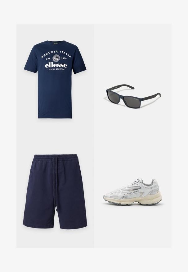Mørkeblå bomulds T-shirt med hvidt print af "PERUGIA ITALIA DAL 1959" og "ellesse LO STILE SPORTIVO" på forsiden. Korte ærmer.; Marineblå shorts lavet af bomuld, med elastisk talje og snor, sidelommer og lige bendesign. Ingen mønstre.; Hvide sportssko med grå detaljer, overdel i mesh og syntetiske materialer, snørebåndsdesign og tekstureret gummisål med grebemønstre.; Arnette Solbriller - rubber navy