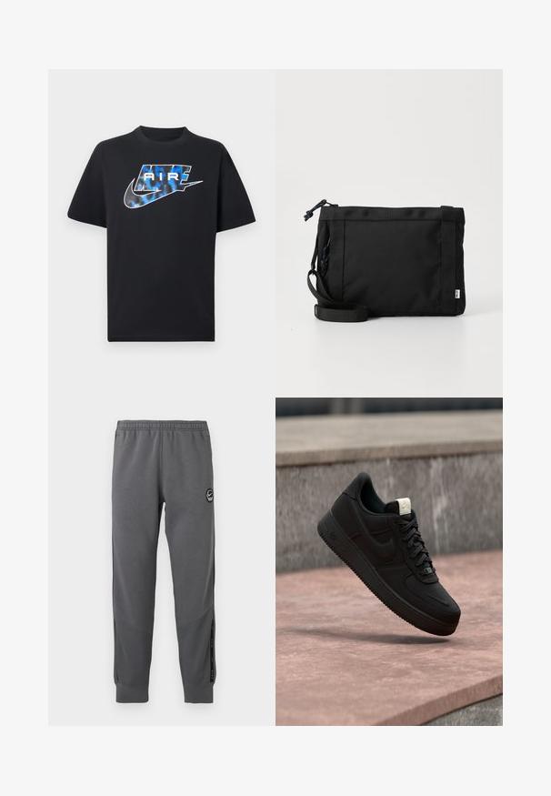 Zwart kortermig T-shirt met een blauw-witte gestileerde tekst "AIR" en het Nike swoosh-logo op de borst.; Grijze sweatpants van zacht materiaal met een elastische tailleband, taps toelopende benen, zijpanelen en een ronde logo patch.; Zwarte Nike Air Force 1 sneaker die boven een roze betonnen richel zweeft met een grijze stenen achtergrond, met zij- en bovenzijde details.; Zwarte stoffen schoudertas met een gestructureerde buitenkant, verstelbare schouderband en trekkoordsluiting. Voorzien van gedurfde stiksels en een zijlabel.