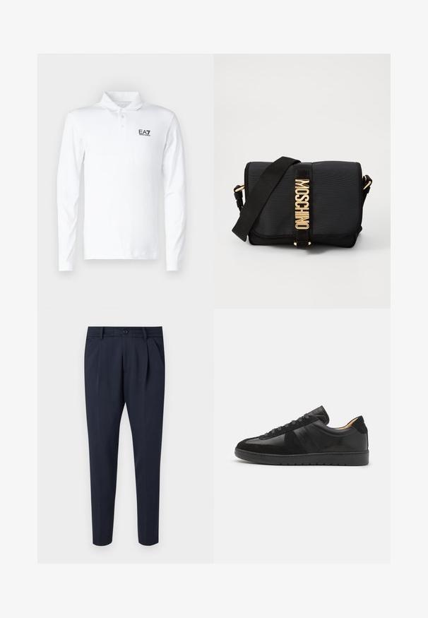 Witte lange mouw polo shirt van katoen, met een klassieke kraag, drie knopen en een zwart EA7-logo op de borst.; Marineblauwe broek van gladde stof, met plooien, een ritssluiting en knoopsluiting, zijzakken en een taps toelopend ontwerp.; Tiger of Sweden BELLICU - Sneakers laag - black; Zwarte schoudertas van nylon met een gladde textuur. Voorzien van gouden hardware en de letters "MOSCHINO" op de voorband. Inclusief verstelbare schouderriem.