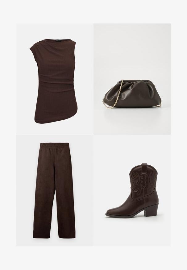 Ærmeløs brun tekstureret top med asymmetrisk kant og diskrete rynker i siden, rund halsudskæring, mærke med Anna Field.; Brune, vide bukser lavet af blødt, suede-lignende materiale med elastisk talje og ingen lommer. Simpelt design, glat tekstur.; Brune læder cowboystøvler med spidse tæer, præget vinge mønster, en midhøj blokhæl og en pull-tab bagpå.; Brun læderhandtaske med en sammensnøring, guld kædestrop og blød, struktureret overflade. Kompakt form velegnet til aftensbrug.