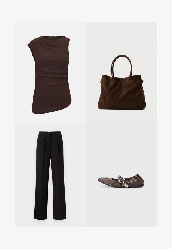 Haut sans manches marron texturé avec ourlet asymétrique et fronces latérales subtiles, encolure ronde, étiquette Anna Field.; Pantalon noir avec une coupe droite, comprenant des plis sur le devant, une fermeture à bouton et un tissu lisse et texturé.; Chaussure plate en cuir verni marron avec un bout pointu, un détail de nœud élastiqué et une accent en boucle en argent sur le côté. Semelle en caoutchouc noir.; Sac en toile en daim marron avec deux longues poignées, accents ovales et un design spacieux. Texture douce et apparence minimaliste.