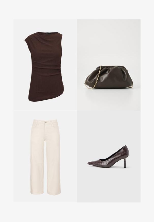 Haut sans manches marron texturé avec ourlet asymétrique et fronces latérales subtiles, encolure ronde, étiquette Anna Field.; Pantalon court taille haute à jambes larges en écru avec bouton et fermeture éclair devant, passants pour ceinture, poches avant et arrière.; Escarpins à bout pointu en similicuir marron avec une texture crocodile, dotés d’un talon fin et angulaire ainsi que d’une doublure intérieure lisse.; Sac à main en cuir marron avec un design froncé, une bandoulière en chaîne dorée et une finition douce et texturée. Sa forme compacte est idéale pour une utilisation en soirée.