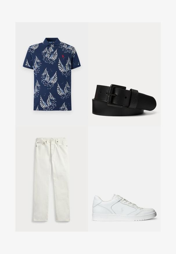 Donkerblauw poloshirt met witte en lichtblauwe zeilbootpatronen, korte mouwen, kraag met knopen en een klein rood geborduurd logo op de borst.; Witte denimjeans met een rechte pasvorm, voorzien van vijf zakken, metalen knopen en stiksels langs de naden. Gladde textuur.; Witte leren sneaker met een gladde textuur, voorzien van een geperforeerde neus, vetersluiting en geborduurde logo aan de zijkant. Witte rubberen zool.; Zwarte leren riem met zwarte rechthoekige gesp en reliëflogo op de riemlus, opgerold op een effen lichte achtergrond.