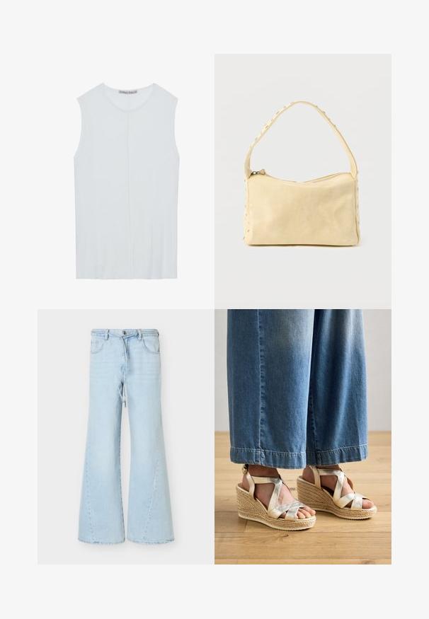 Lyseblå ærmeløs top lavet af ribbet stof, med en rund halsudskæring og en centralt søm detaljer. Glat tekstur med en afslappet pasform.; Lyseblå jeans med vide ben, snøre og knaplukning, forlommer og bæltestropper, vist på hvid baggrund.; Gul strappy kilehæle sandaler med en vævet jute-bund. Har brede krydsede stropper og et rundt tådesign. Bæres med lyseblå brede jeans.; Lille beige læderhåndtaske med en enkelt rem og sølvnitter langs kanterne og remmen, sat mod en ensfarvet baggrund.