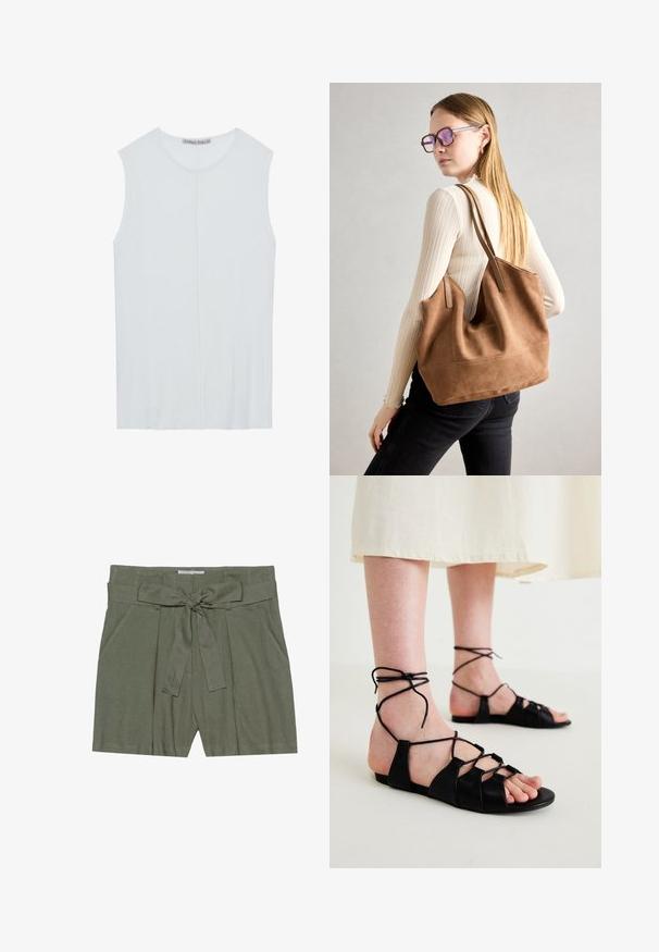 Débardeur sans manches bleu clair en tissu côtelé, avec un encolure ronde et un détail de couture centrale. Texture lisse avec une coupe décontractée.; Shorts vert olive avec ceinture à nouer, design plissé et poches latérales. Fabriqués en tissu texturé, avec des bords nets et une coupe décontractée.; Sandales plates en cuir noir avec un design entrecroisé et des liens à la cheville, présentant une texture lisse et un style ouvert aux orteils.; Sac fourre-tout en daim marron avec une texture douce, grande ouverture et longues sangles. Présente un design simple avec des coutures visibles et sans matériel.
