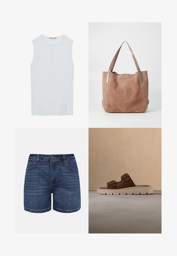 Débardeur sans manches bleu clair en tissu côtelé, avec un encolure ronde et un détail de couture centrale. Texture lisse avec une coupe décontractée.; Shorts en denim bleu foncé avec bouton frontal, fermeture éclair, passants pour ceinture et poches avant, présentés sur un fond blanc.; Sandale à glissière en cuir marron avec deux boucles dorées réglables et une semelle beige épaisse crantée sur une surface texturée.; Anna Field by Zalando LEATHER - Cabas - taupe