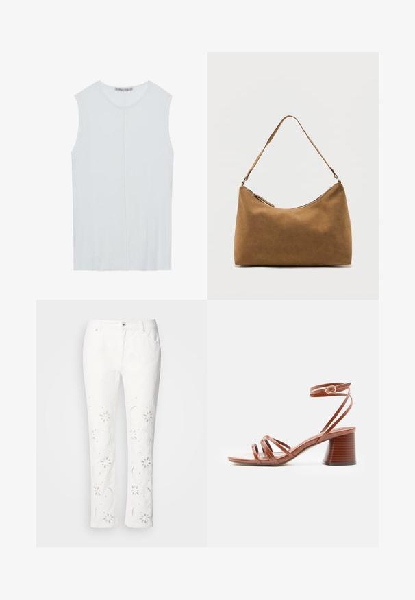 Débardeur sans manches bleu clair en tissu côtelé, avec un encolure ronde et un détail de couture centrale. Texture lisse avec une coupe décontractée.; Pantalon en coton blanc avec broderies florales le long des jambes, coupe droite et fermeture par bouton à la taille.; Sandale marron à brides avec talon bloc et boucle à la cheville, design minimaliste, texture en cuir lisse, vue de côté sur fond uni.; Sac à bandoulière en daim marron avec une seule sangle et une fermeture éclair supérieure, présenté sur un fond blanc uni.