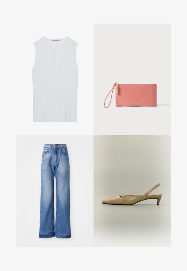 Helles blaues ärmelloses Top aus geripptem Stoff, mit einem Rundhalsausschnitt und einer mittigen Nahtdetails. Glatte Textur mit lockerer Passform.; Helle blaue weite Jeans aus Denim, mit hoher Taille, fünf Taschen und subtilen Waschungen an der Vorderseite für Textur.; Beiger Lackleder-Slingback-Kittenheel mit spitz zulaufender Zehenpartie und kleinem Riemchen mit Schnalle auf neutralem Hintergrund.; Rosa Lederarmbandclutch mit goldenem Reißverschluss und Charm, schlanke rechteckige Form, Markenname Furla in Goldprägung mittig unten.
