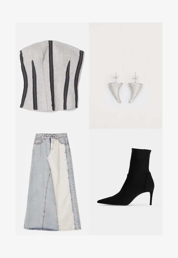 ECKHAUS LATTA RAW - Top - dust; Falda de mezclilla con un diseño de patchwork que presenta secciones en azul claro y medio, dobladillos deshilachados y cintura alta. Estilo clásico de cinco bolsillos.; Botín negro hasta el tobillo con punta afilada y tacón alto y delgado, mostrado de perfil sobre un fondo claro. Diseño elegante y minimalista.; Pendientes en forma de cuerno plateado, engastados con pequeñas piedras transparentes, que cuentan con un cierre trasero para su sujeción. Textura suave y acabado metálico.