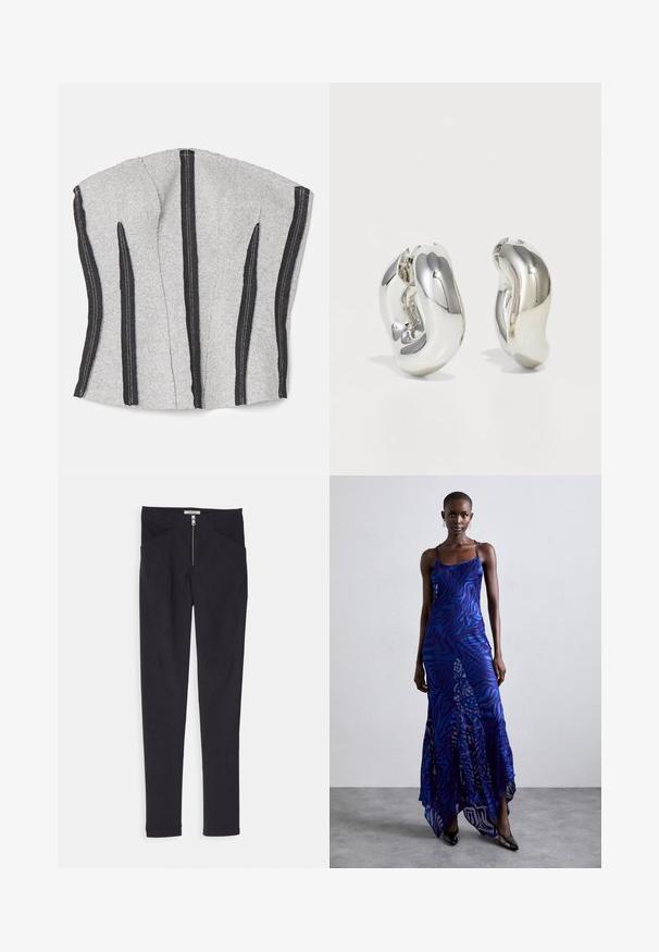 ECKHAUS LATTA RAW - Top - dust; Sorte bukser med en glat tekstur, der har lynlåslukning foran, to skrå lommer og et tætsiddende design.; Blå og lilla dyreprint maxi kjole med tynde stropper, en tætsiddende bodice, flagrende kant og gennemsigtig overlay-detaljering.; Sølvskulpturelle øreringe med glatte, buede former og reflekterende overflader. Har et lukket hoop-design og en markant organisk form.