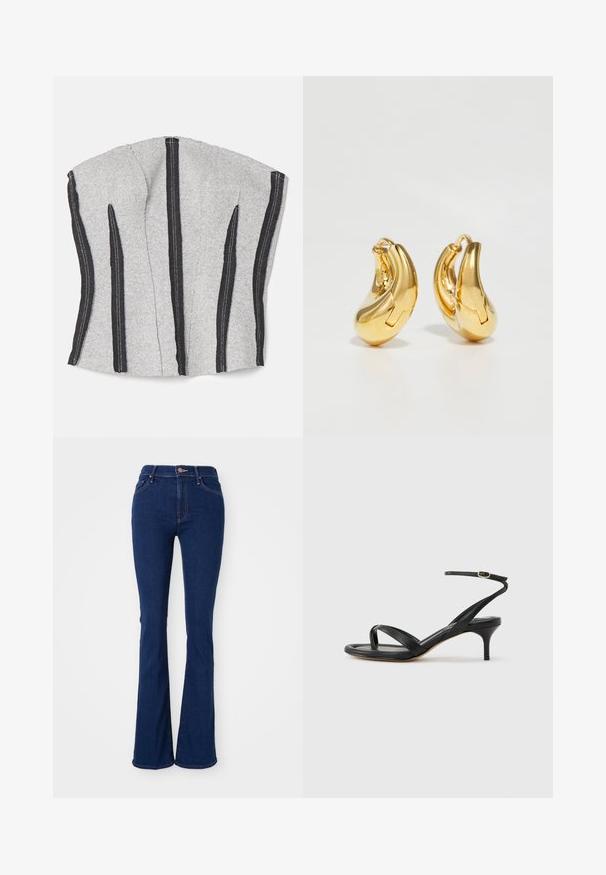 ECKHAUS LATTA RAW - Top - dust; Uitlopende donkerblauwe jeans van katoen denim, hoog in de taille met vijf zakken, subtiele stikdetails en een gladde afwerking.; Zwarte leren dames sandaal met dunne bandjes, een teengreep, een enkelgesp en een stilettohak van gemiddelde hoogte op een neutrale achtergrond.; Gouden oorringen met een gladde, gebogen vorm en gepolijste afwerking. Bevat een sluitmechanisme en lichte inkepingen voor detail.