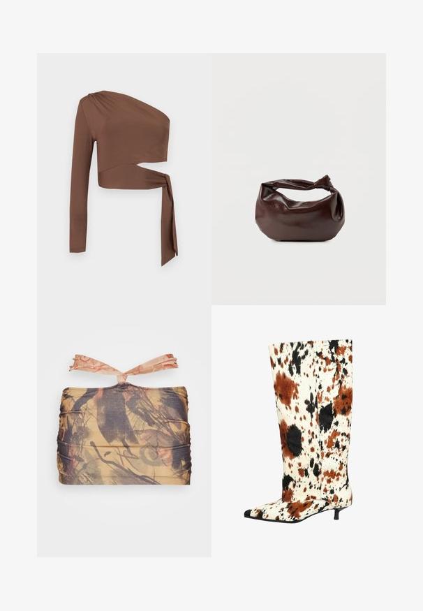 Brun, langærmet top med asymmetrisk snit, der har en draperet, ensidig design og en sidelukning. Glat, strækbart stof.; Jaded London KNOTTED BEACH SKIRT CONTRAST - Mini skirts - multi coloured; Knæhøje støvler med en cowhide-print i brune, sorte og hvide splatter. Spidse tæer og en lav, slank hæl. Tekstureret overflade.; Mørkebrun læder skuldertaske med en blød, afslappet form og et snoet knudehåndtag på en ensartet hvid baggrund.