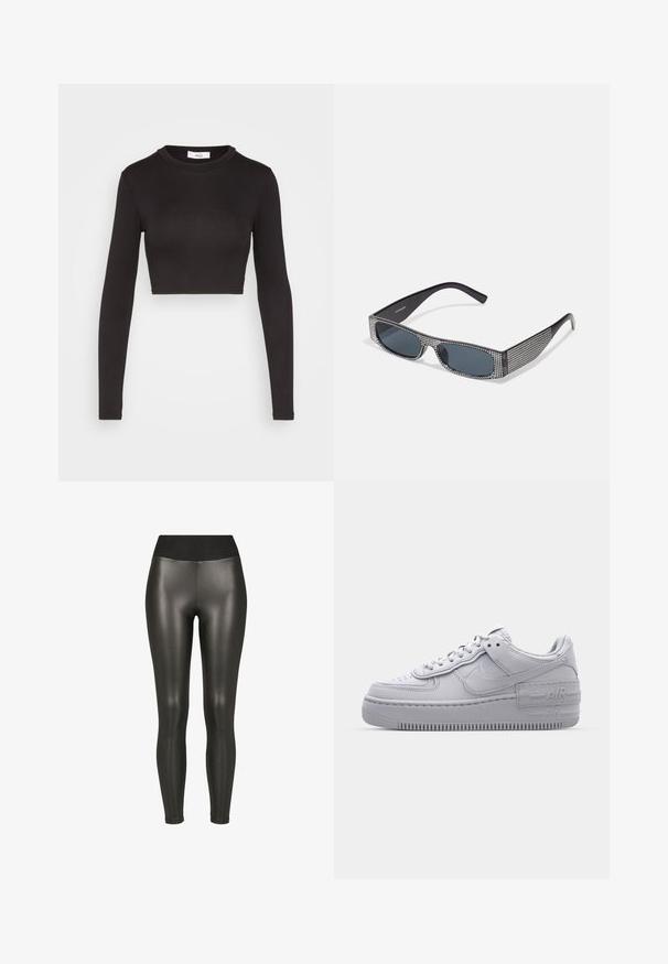 WAL G. ROZA BACK DETAIL CROP - Langærmet T-shirt - black; Sorte højtaljede leggings i kunstlæder med en glat, skinnende finish og ankellængde på en hvid baggrund.; Grå Nike Air Force 1 sneakers med perforeret tå, glat læderoverdel, tyk sål og præget 'AIR' detalje på hælen.; Sorte solbriller med grå linser, der har et gittermønster af små metalliske rhinsten langs stellet. Glat overflade, kantede design.