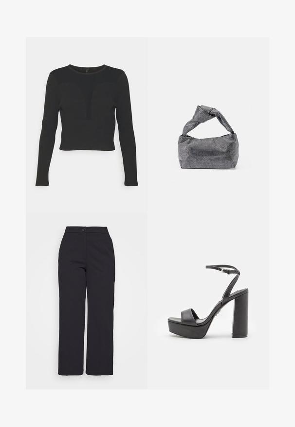 ONLY Petite ONLMIE HEART - Μπλούζα με μακριά μανίκια - black; Μαύρο παντελόνι με φαρδιά πόδια, κατασκευασμένο από απαλό ύφασμα, με κουμπί κλεισίματος και καθαρό, ραμμένο σχέδιο χωρίς εμφανείς τσέπες.; Μαύρες πλατφόρμες ψηλοτάκουνες σανδάλες με ανοιχτό toe, φαρδιά εμπρόσθια λωρίδα και ρυθμιζόμενη λωρίδα στον αστράγαλο. Λείο φινίρισμα δέρματος και χοντρός μπλοκ τακούνι.; Μαύρη και ασημένια τσάντα χειρός με υφασμάτινη επιφάνεια που διαθέτει διαμαντένιο σχέδιο, κόμπο στη λαβή και δομημένο σχήμα.