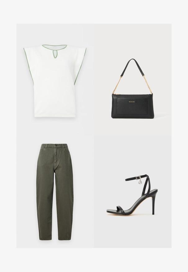 Witte top met korte mouwen en groene bies rond de halslijn, mouwranden en een kleine keyhole-uitsnijding onder de kraag.; Khaki groene broek van duurzame stof, met een hoge taille, rechte pijpen, knoopsluiting en zijzakken.; Zwarte sandaal met hoge hak, smalle enkelband, vierkante neus, soepel leermateriaal en metalen gespsluiting.; Zwarte leren clutch met een gepolijste textuur, gouden schouderband en een voorvak. Voorzien van een gouden logo op de voorkant.