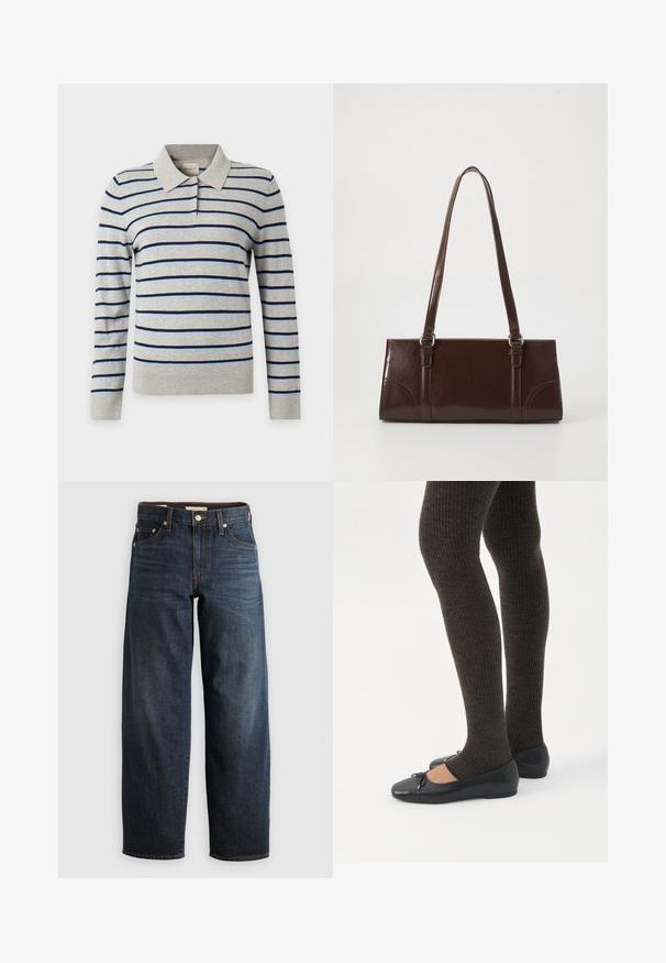 Polo de manga larga con rayas horizontales en azul claro y azul marino oscuro sobre tela gris clara y un cuello gris con dos botones.; Jeans oscuros de denim, con un diseño de pierna recta, estilo de cinco bolsillos, y acentos de costura superior con cierre de botón.; Piernas con leggings oscuros acanalados combinados con bailarinas negras que presentan pequeños detalles de lazo sobre un fondo blanco.; Bolso de mano de piel sintética marrón con forma rectangular, dos asas largas y sutiles acentos curvados en la parte delantera.