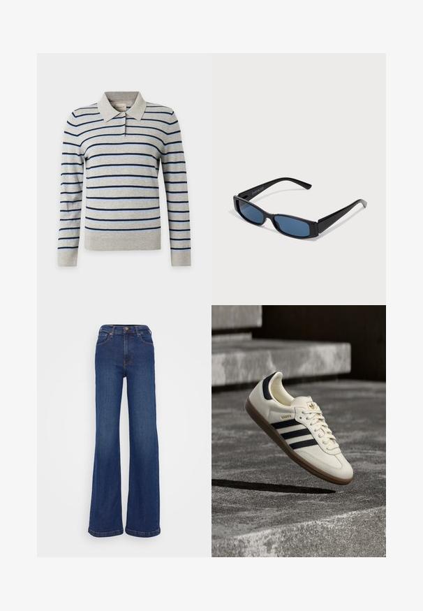Poloshirt met lange mouwen met horizontale lichtblauwe en donkerblauwe strepen op lichtgrijze stof en een grijze kraag met twee knopen.; Wijd-uitlopende jeans gemaakt van donkerblauwe denim. Heeft een hoge taille, vijf-pocket ontwerp en subtiele stiksels op de naden.; Witte Adidas Samba sneaker met zwarte strepen en gumzool, zwevend boven gestructureerde grijze betonnen treden.; Zwarte zonnebril met een slank rechthoekig frame en blauwe lenzen. Heeft een gladde textuur en stevige pootjes. Merklogo aan de zijkant.