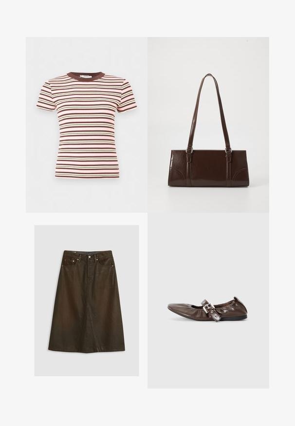 T-shirt à manches courtes en tricot côtelé avec des rayures horizontales rose, marron et crème, avec un col rond marron.; Jupe trapèze en denim marron avec taille haute, fente avant, rivets en cuivre et couture ton sur ton. Texture lisse, longueur au genou.; Chaussure plate en cuir verni marron avec un bout pointu, un détail de nœud élastiqué et une accent en boucle en argent sur le côté. Semelle en caoutchouc noir.; Sac à main en cuir verni marron de forme rectangulaire, avec deux longues poignées et des accents courbés subtils à l'avant.