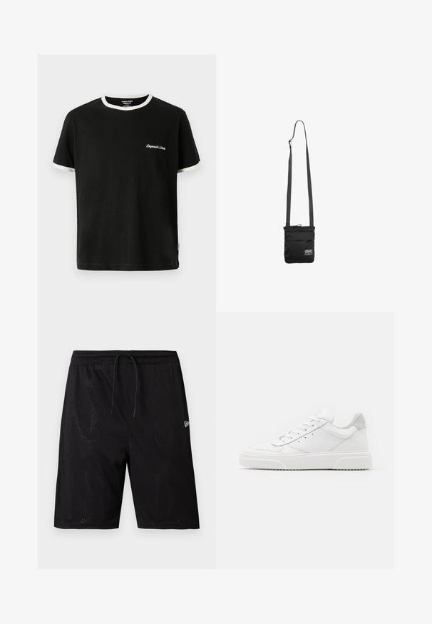 Jack & Jones T- - T-shirt basic - black; Zwarte mesh sportshorts met een trekkoord in de taille, voorzien van een geperforeerde textuur en een klein wit logo aan de onderzijde rechts.; Witte leren sneakers met een gladde afwerking, ronde neus, platte veters en een gestructureerde zool. Grijze suède accent bij de hiel.; Zwarte crossbodytas met verstelbare riem en een klein wit rechthoekig logo-label aan de onderkant van de voorkant.