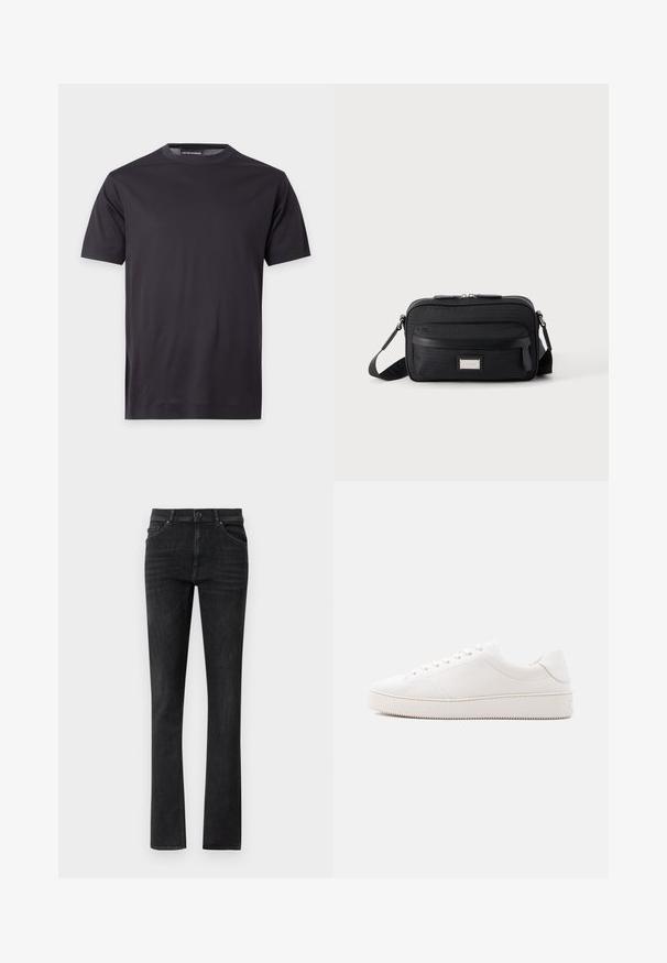 Schlichtes schwarzes T-Shirt mit kurzen Ärmeln und Rundhalsausschnitt, mit einem kleinen Ton-in-Ton-Logo auf der linken Brustseite und einem gebrandeten Nackenetikett.; Schwarze Denim-Jeans mit geradem Bein, ausgestattet mit Fronttaschen und Knopfverschluss. Glatte Textur mit dezentem Verblassen.; Weißer Ledersneaker mit glattem Finish, rundem Zehenbereich, sechs Augen für die Schnürung und einer strukturierten Gummisohle. Minimalistisches Design ohne Muster.; Schwarze rechteckige Umhängetasche mit vorderer Reißverschlusstasche, verstellbarem Riemen und silberner rechteckiger Logo-Plakette auf einfarbigem Hintergrund.