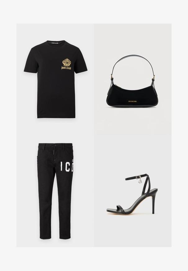 Zwart T-shirt met korte mouwen met een goudkleurig Just Cavalli-logo en een sierlijk wapenschildontwerp op de linkerborst.; Zwarte spijkerbroek van denim met een slim fit. Beschikt over witte grafische tekst op de voorkant, vijf zakken en een knoopsluiting. Soepele textuur.; Zwarte sandaal met hoge hak, smalle enkelband, vierkante neus, soepel leermateriaal en metalen gespsluiting.; Zwarte schoudertas van lakleer met een gebogen vorm, gouden "LOVE MOSCHINO"-logo aan de voorkant en verstelbare band met gouden accessoires.