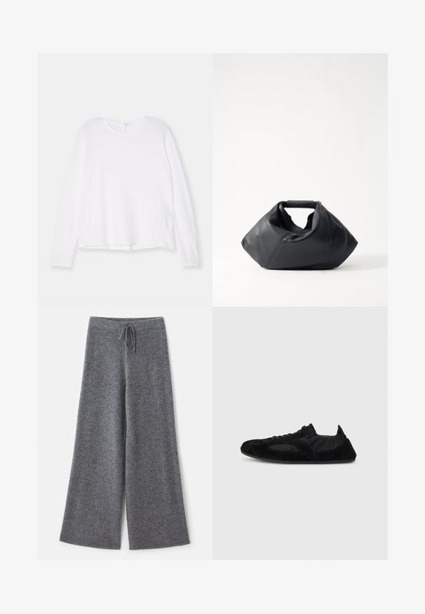 Chemise blanche à manches longues, en tissu doux, avec un col rond, une coupe décontractée et des fentes sur les côtés à l'ourlet pour faciliter les mouvements.; Pantalons larges gris en tissu tricoté doux avec une taille élastique à cordon, mettant en valeur une surface texturée et des bords nets.; Baskets légères noires avec accents en daim, cheville élastiquée et semelle fine, présentées en profil latéral sur un fond uni.; Sac en cuir noir avec un extérieur texturé, une forme froissée unique et une courte poignée. Dispose d'un seul compartiment principal.