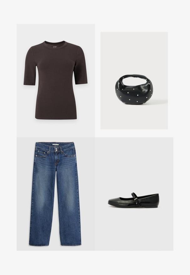 Mørkebrun, kortærmet tætsiddende T-shirt med rund hals, ensfarvet design og synlig indvendig label på en ensfarvet baggrund.; Blå denim bredbenede jeans med knaplukning, fem lomme-design, let falming på lårene og syningsdetaljer på sømmene.; Sorte læder balletflade med rund tå, flad sål og en tynd justerbar rem over svangen med en metalspænde.; Sort læderhåndtaske med en rundet form, dekoreret med sølvnitter, og et kort håndtag. Glat tekstur og lynlåslukning.
