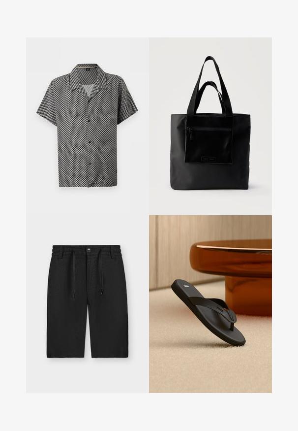 Chemise à manches courtes boutonnée avec motif géométrique en grille noir et gris, col pointu et trois boutons visibles sur le devant.; Short noir longueur genou avec taille élastique, fermeture par bouton, cordon et passants de ceinture, posé à plat sur un fond clair.; Sandale noire BOSS type tongs sur un tapis beige avec une grande table ronde couleur ambre en arrière-plan.; Sac cabas noir avec poche zippée à l'avant et double poignée, posé sur un fond clair uni.