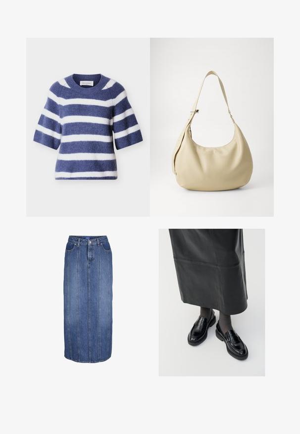 Blauw-wit gestreepte gebreide trui met korte mouwen, ronde hals, zachte textuur en een gezellig ontwerp. Label zichtbaar bij de halslijn.; Blauwe denim midi-rok met verticale naden, knoop- en ritssluiting aan de voorkant, ceintuurlussen en steekzakken aan de voorkant.; Zwarte leren loafers met een gladde afwerking, voorzien van een decoratieve band, ronde neus en gestructureerde zool. Draagt met een lange zwarte leren rok.; Beige leren schoudertas met een gebogen vorm, verstelbare schouderband en reliëf logo detail, met een gladde textuur en een minimalistisch ontwerp.