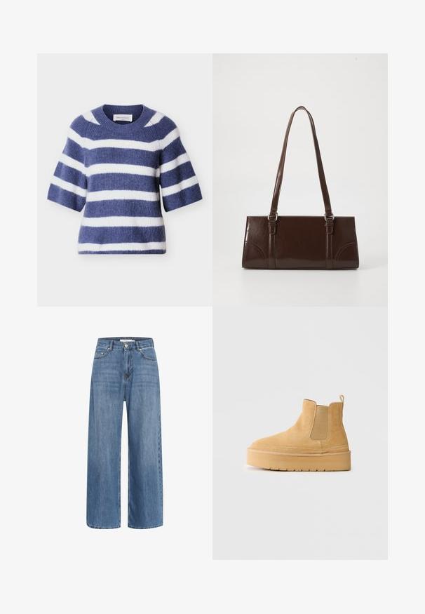 Blauw-wit gestreepte gebreide trui met korte mouwen, ronde hals, zachte textuur en een gezellig ontwerp. Label zichtbaar bij de halslijn.; Blauwe denim wijdvallende jeans met een hoge taille, twee voorzakken en subtiele vervaging. Beschikt over contrasterende stiksels en een klassieke knoopsluiting.; Tan nubuck enkelboot met dikke zool, elastische zijpanelen en een treklus, weergegeven vanaf de buitenkant op een effen achtergrond.; Bruine lakleren handtas met een rechthoekige vorm, twee lange handvatten en subtiele gebogen accenten aan de voorkant.