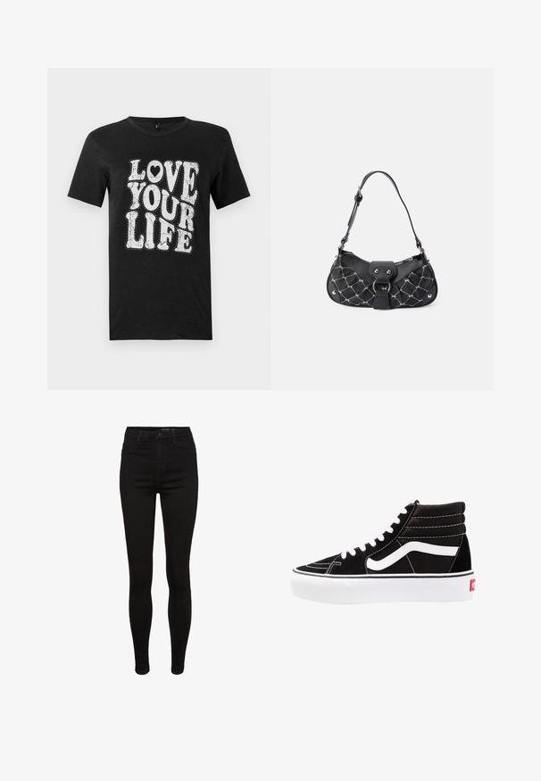 Sort bomulds-T-shirt med hvid tekst, der lyder "LOVE YOUR LIFE." Designet inkluderer dekorative prikker og en hjerteaccent. Korte ærmer.; Sorte skinny jeans i denim med høj talje, fem lommer, bæltestropper og subtile syninger. Glat tekstur, tætsiddende pasform.; Sorte høj-top sneakers med hvide snørebånd, et hvidt logo og kontrasterende hvid syning. Har en tyk hvid sål og struktureret ruskindsoverdel.; Sort håndtaske med quiltet tekstur, der har sølvhardware, en buet form og en enkelt justerbar rem. Lynlås lukning øverst.