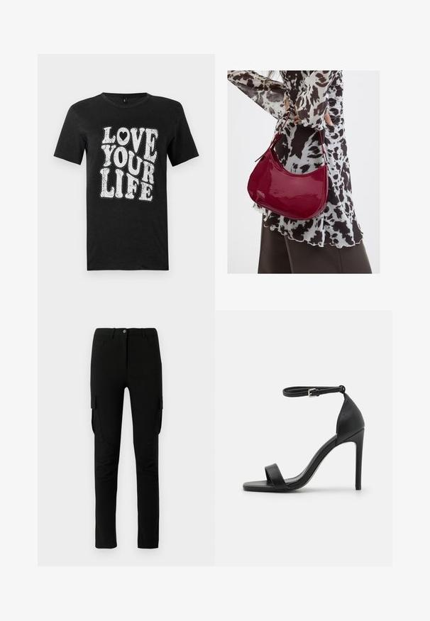 Sort bomulds-T-shirt med hvid tekst, der lyder "LOVE YOUR LIFE." Designet inkluderer dekorative prikker og en hjerteaccent. Korte ærmer.; Sorte cargo bukser med slim fit, der har sidelommer, knaplukning og et glat, let struktureret stof.; Sort højhælet sandal med et sleek design, der har en ankelrem, åben tå og glat lædertekstur.; Kvinde iført en sort- og hvidmønstret bluse, der holder en blank rød skuldertaske mod en ensfarvet baggrund.