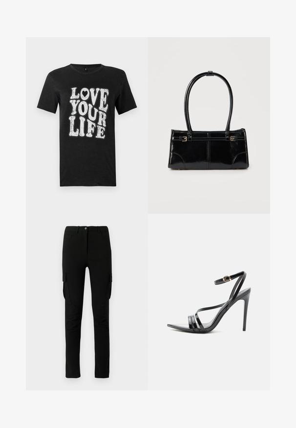 Sort bomulds-T-shirt med hvid tekst, der lyder "LOVE YOUR LIFE." Designet inkluderer dekorative prikker og en hjerteaccent. Korte ærmer.; Sorte cargo bukser med slim fit, der har sidelommer, knaplukning og et glat, let struktureret stof.; Sort højhælet sandal med tynde remme over tæerne og anklen, med en gylden spænde på en slank stilet-hæl.; Glansfuld sort rektangulær håndtaske med to tynde skulderremme og små guldbeslag foran.