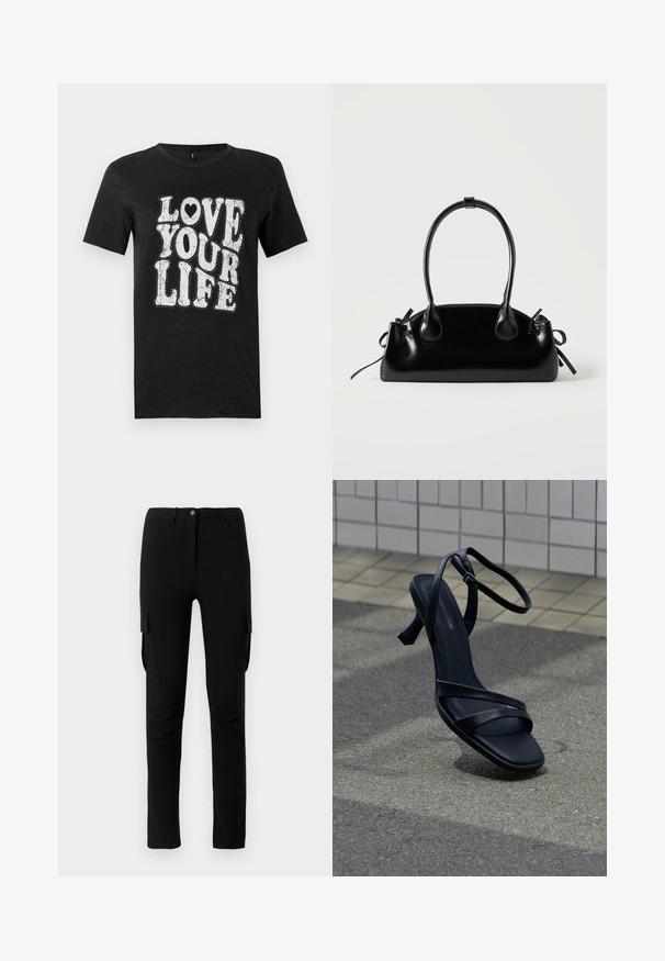 Musta puuvillainen t-paita, jossa valkoisella teksti "LOVE YOUR LIFE." Designissa on koristeellisia pisteitä ja sydänkoriste. Lyhyet hihat.; Mustat cargo-housut, joissa on slim fit -leikkaus, sivutaskut, nappisulku ja sileä, hieman tekstuuriainen kangas.; Mustat mustiset korkeakorkoiset sandaalit nilkkaremmin kanssa, jotka leijuvat teksturoidun harmaan asfaltin yläpuolella, taustana laatoitettu seinä.; Pieni musta kiiltävä käsilaukku, jossa on kaksi pitkää kantokahvaa ja sivulla nyöritys yksityiskohtia yksinkertaisella vaalealla taustalla.