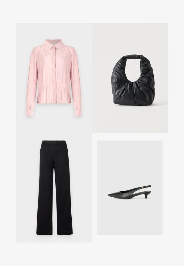 Rosa Langarmbluse mit Kragen, die eine plissierte Textur und eine Knopfleiste aufweist. Glattes Material mit kontrastierenden Manschetten.; Schwarze weite Hose mit hohem Bund, Knopfdetails an den Seiten und einer glatten Denim-Oberfläche mit einem sauberen Finish.; Schwarzer Slingback-Schuh mit spitzem Zehenbereich aus glattem Leder. Mit einem dünnen Absatz und einer dekorativen Schnalle am verstellbaren Riemen.; Schwarze weiche Leder-Schultertasche mit gesammelten Falten und abgerundetem Griff, aufrecht stehend vor hellem einfarbigem Hintergrund.