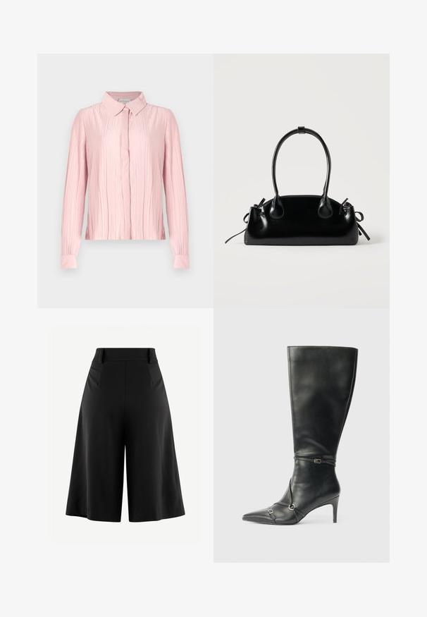 Roze blouse met lange mouwen en een kraaghalslijn, met een geplooid textuur en een knoopsluiting aan de voorkant. Vlotte stof met contrasterende manchetten.; Zwarte wijde pantalon met een geplooide voorkant, hoge taille en een soepele stofstructuur. Heeft een schone, minimalistische vormgeving zonder zichtbare hardware.; Zwarte leren kniehoge laarzen met een slanke hak, puntige neus en banddetail bij de enkel. Gladde textuur en aansluitend ontwerp.; Kleine zwarte glanzende handtas met twee lange hengsels en zijkant trekkoord details op een effen lichte achtergrond.