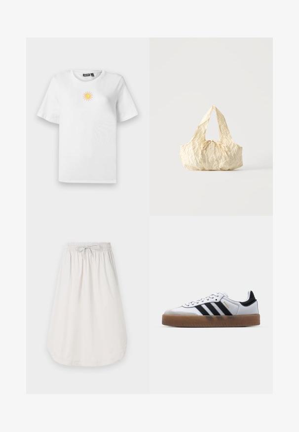 T-shirt en coton blanc à manches courtes avec un petit motif de soleil brodé en jaune et rose sur la poitrine.; New Balance Jupe trapèze - grey matter; Baskets en cuir blanc avec des rayures noires, semelle extérieure en caoutchouc beige, bout rond, fermeture lacée et embout en suède gris doux.; Sac à main en tissu texturé couleur crème avec des anses sur le dessus et un petit nœud noué au centre devant.